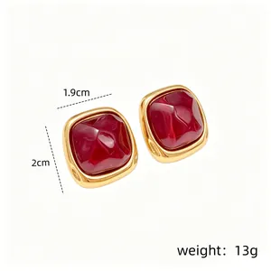 Elegant square red resin stud earrings with gold stainless steel frames, weight 13g.