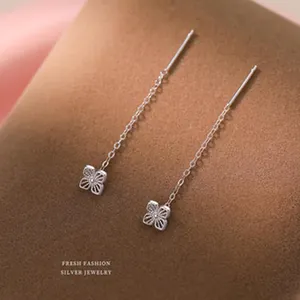 Macro view of delicate s925 sterling silver butterfly threader earrings detail