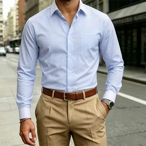 Camicia A Righe Business Casual Da Uomo Colletto Polsini A Contrasto Poliestere Manica Lunga Non Stirabile Top Formale Per Ufficio Quotidiano