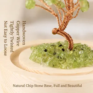 Macro detail of hand-woven copper wire crystal tree with peridot gravel