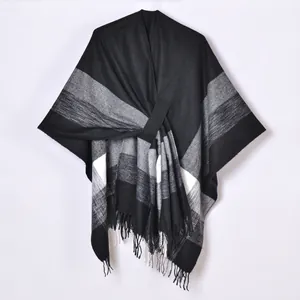 Minimalist black and grey checkered cashmere-like poncho shawl for women autumn winter fashion