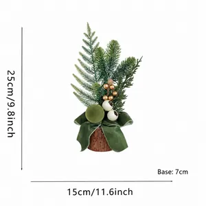 Miniature desktop Christmas tree with green velvet bow and natural wooden base, 25cm tall