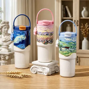 Van Gogh art series ceramic lined insulated tumbler with wide handle and charm