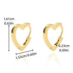 Detailed dimensions of 18K gold plated heart-shaped hoop earrings on white background.