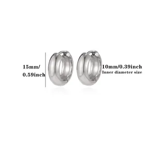Detail view of silver chunky hoop earrings with 15mm outer and 10mm inner diameter