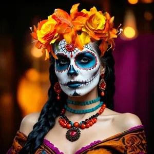 Floral headband for Day of the Dead featuring large orange and yellow simulation silk roses