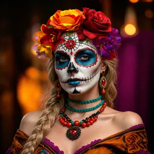 Detailed shot of vibrant carnival floral headband on a model with festive makeup