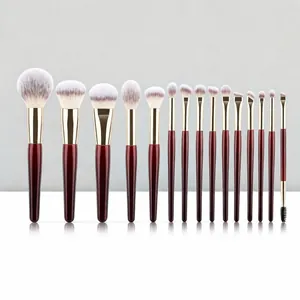 Pennelli Da Trucco Professionali Fibra Sintetica Manico In Legno Rosso Ghiera Dorata Fondotinta Ombretto Strumenti