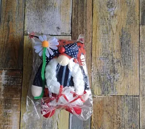 Close-up of ladybug gnome plush doll inside transparent protective packaging