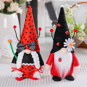 Ladybug Gnome Plush Decor Scandinavian Tomte Spring Desktop Ornaments Handmade Cloth Daisy Pattern For Home Mantel Shelf