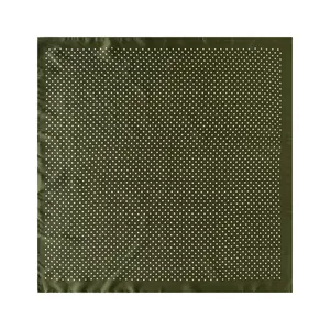 Dettaglio del foulard quadrato in finta seta verde scuro con motivo a pois bianchi