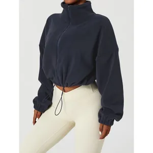 Women's Thick Sherpa Zip Up Jacket Stand Collar Fleece Sweatshirt With Drawstring Hem Loose Warm Solid Top Casual Streetwear