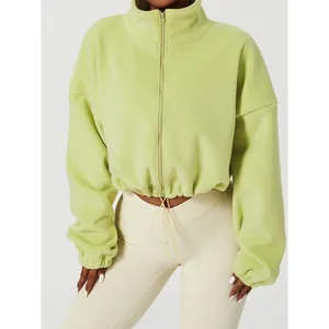 Thick fleece sweatshirt with stand collar and drawstring hem in light green for women