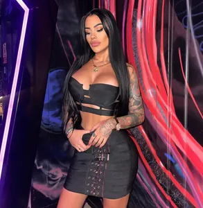 Detailed view of fashion sexy black bandage crop top and mini buckle skirt set for women