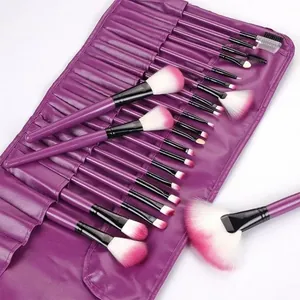 Juego completo de 24 brochas de maquillaje moradas con puntas rosas y estuche portátil