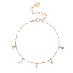 Bracciale delicato in argento sterling S925 placcato oro 14k con ciondoli