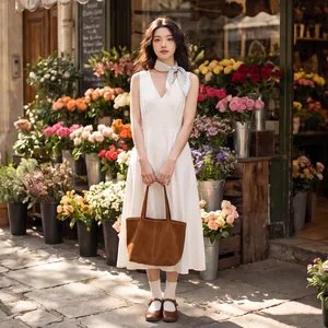Donna elegante che indossa un foulard di seta a pois bianco e nero in stile francese