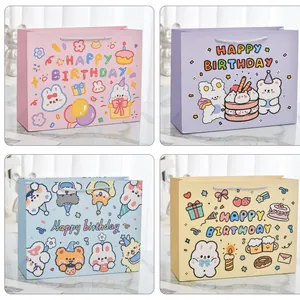 Lot de quatre sacs cadeau anniversaire lapin mignon avec illustrations et poignées