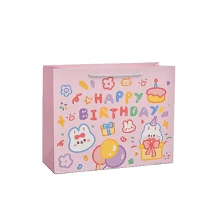 Sac cadeau mignon en papier rose avec lapin et texte Happy Birthday pour les enfants