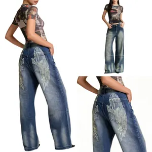 Dames Vintage Distressed Wide Leg Jeans Katoen Denim Washed Retro Vleugel Print Achterzak Casual Streetwear