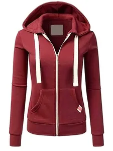 Women's slim fit burgundy zip-up hoodie featuring white drawstrings and pockets