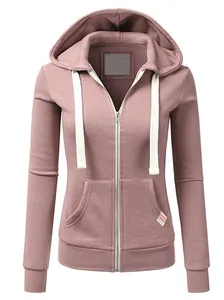 Detailed front view of women's dusty pink zip-up hoodie with adjustable drawstring hood