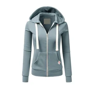 Slim-fit women's zip-up hooded sweatshirt with kangaroo pockets in blue-grey color