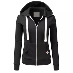 Women's slim black zip-up sports hoodie with white contrast drawstrings