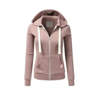 Women's dusty rose zip-up hooded sweatshirt featuring white drawstrings and front pockets