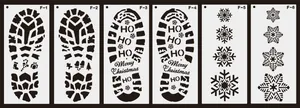 Detailed view of six Christmas footprint and snowflake stencil designs for holiday decor.