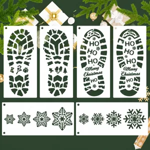 Detail of six Christmas Santa Claus footprint and snowflake hollow stencils for DIY decor