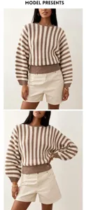 Close-up view of the classic striped knit texture and relaxed fit of this retro sweater.