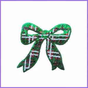 Christmas plaid bow sequin embroidery patch with size details for garment decor