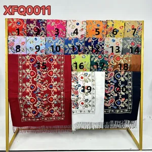 Detailed view of twenty color variants for embroidered floral imitation cashmere scarves