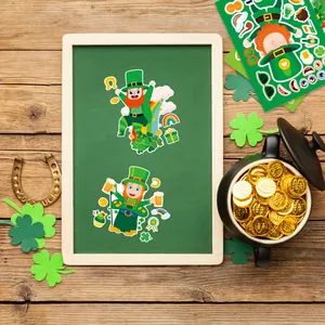 Set de pegatinas DIY de cara de Leprechaun de San Patricio para niños en fondo de madera