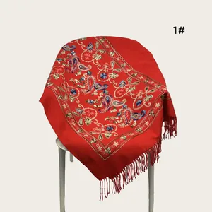 Red embroidered floral shawl with tassels, thick warm cashmere-like wrap scarf detail