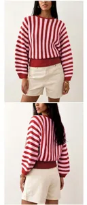 Detailed front and back views of a pink and red striped round neck knit sweater.