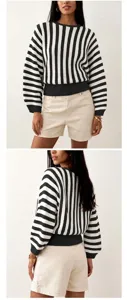 Front and back view of a classic black and white vertical striped crewneck sweater