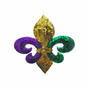 Detail view of colorful fleur-de-lis sequin patch with 13.4cm x 12.8cm dimensions