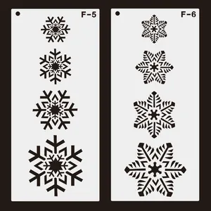 Detailed view of reusable plastic Christmas snowflake stencils with multiple sizes.