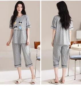 Ensemble pyjama en coton gris à pois avec imprimé dessin animé et pantalon court