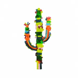 Detailed macro view of a colorful sequined cactus iron-on patch with size info