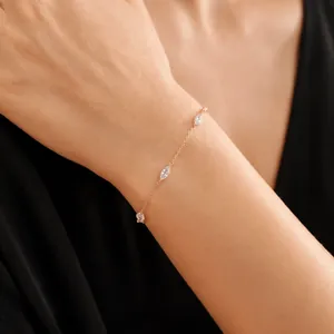 Bracciale in Argento Sterling 925 con Zirconia Taglio Marquise da Donna Raffinato Stile Europeo Placcato Oro Catena Regolabile con Ciondolo a Cuore