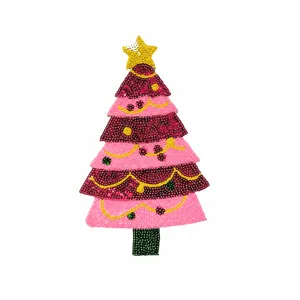 Detailed view of pink sequin Christmas tree embroidery patch with size dimensions