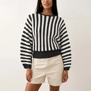 Classic vintage loose fit crew neck striped knit pullover sweater for women in autumn
