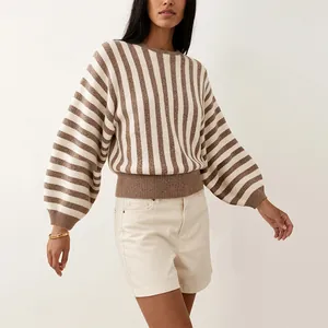 Classic vintage striped round neck knit sweater with loose lantern sleeves for women