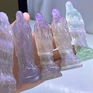 Natural macaron fluorite carved figurines of feminine spiritual icons in purple and green