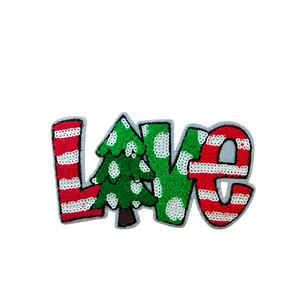 Christmas LOVE sequin embroidered patch with Christmas tree design, size 22x12.7cm and 13g weight