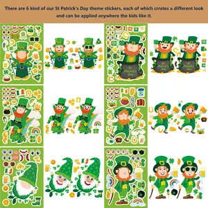Seis hojas de pegatinas DIY para San Patricio con personajes festivos de Leprechaun.