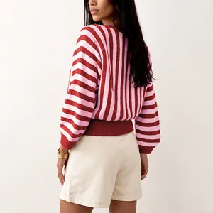 Casual red and pink striped knitted sweater with relaxed fit for women